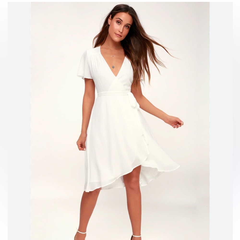 Lulu's Classic White Wrap Midi Dress